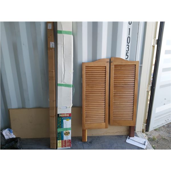 Pair of wooden swinging cafe doors and GrandWood Faux Wood Blinds