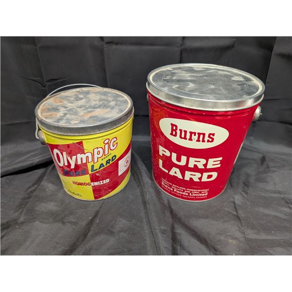 (2) Vintage Pure Lard Tins w/ handles (Burns & Olympics Brand)