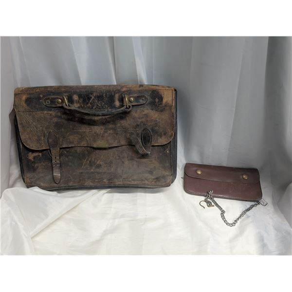 (2)Vintage Leather Bags (1) Travel Bag w/lock (1) Small Purse w/ Chain