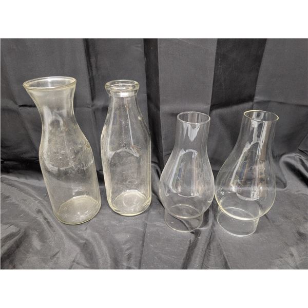 (2) Glass Chimneys (2) Glass Bottles