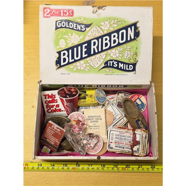 Blue ribbon cigar box and coupons