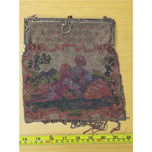 1920's steel bead purse- 8" by 8"- damage to seams and bottom