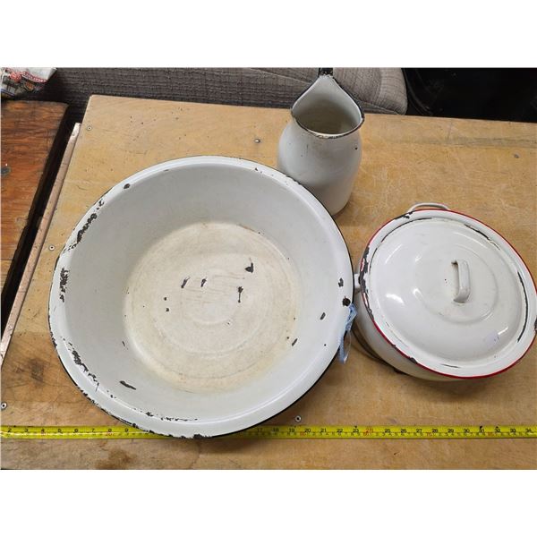 Enamel ware pots and pitcher