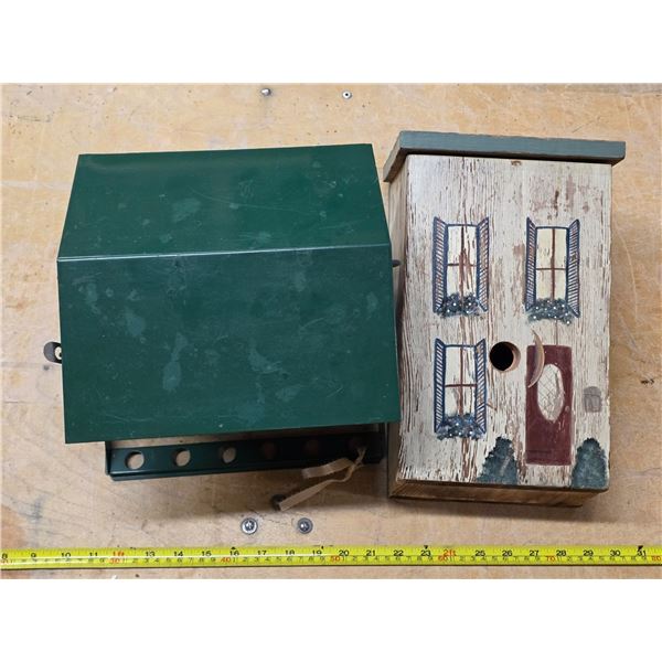 Wood bird house and metal feeder