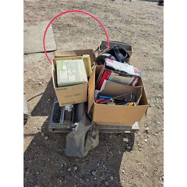Pallet of misc tools, type writer and hand tools