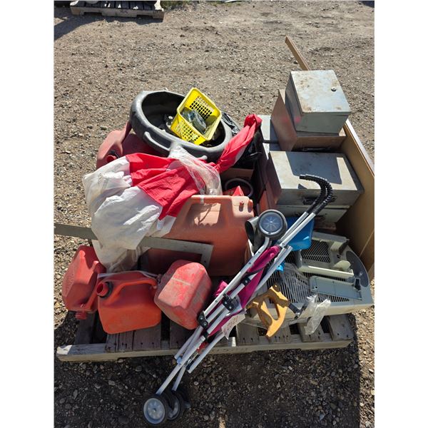 Pallet of gas cans, metal containers, mirror