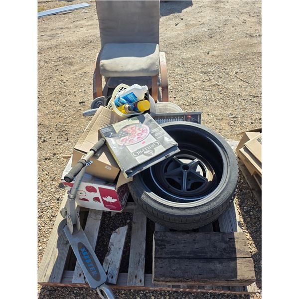 Pallet of misc items, chair, tires