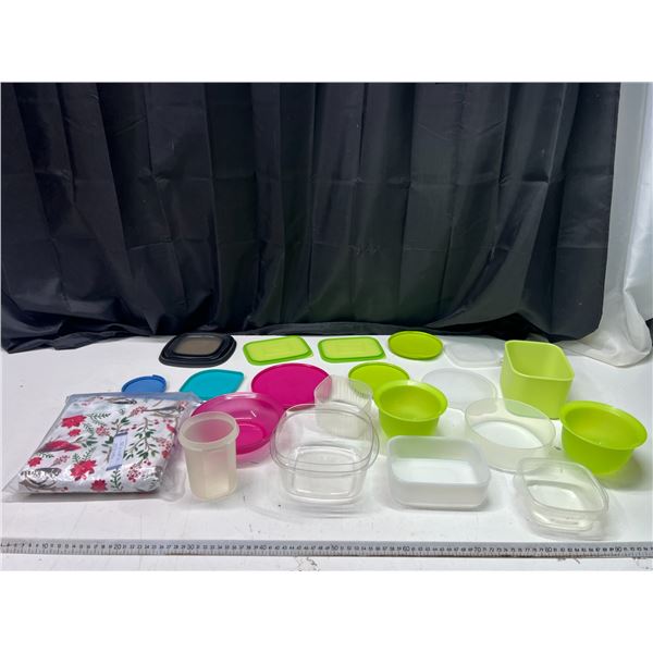 Table Cloth 50" x 68" L and Tupperwares