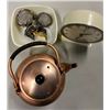 Image 2 : Copper Pot & Clock, Pyrex Dish, & Tea or Spice Strainers