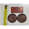 Image 2 : Disney Memorabilia 3pc includes 2 Bronze Metal Mickey Mouse Medallions, Made in Canada