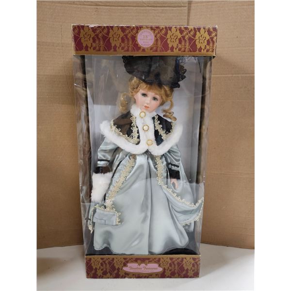 18" Porcelain Doll in Box with Stand