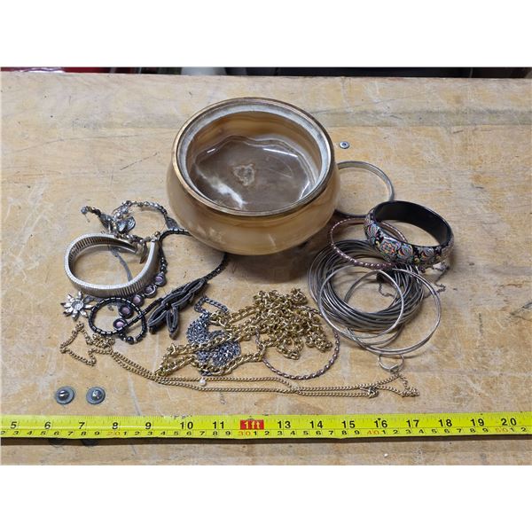 Onyx and marble jewelry box with misc. jewelry