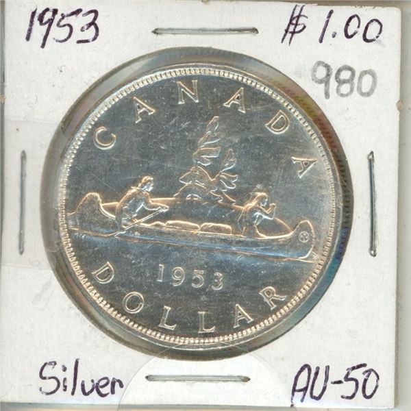 Canada 1953 Dollar .800 Silver AU-50.