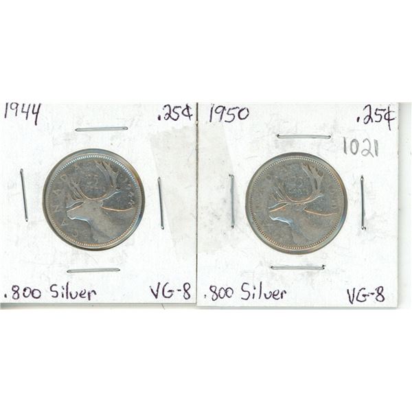 Canada 1944, 1950 Quarters .800 Silver.