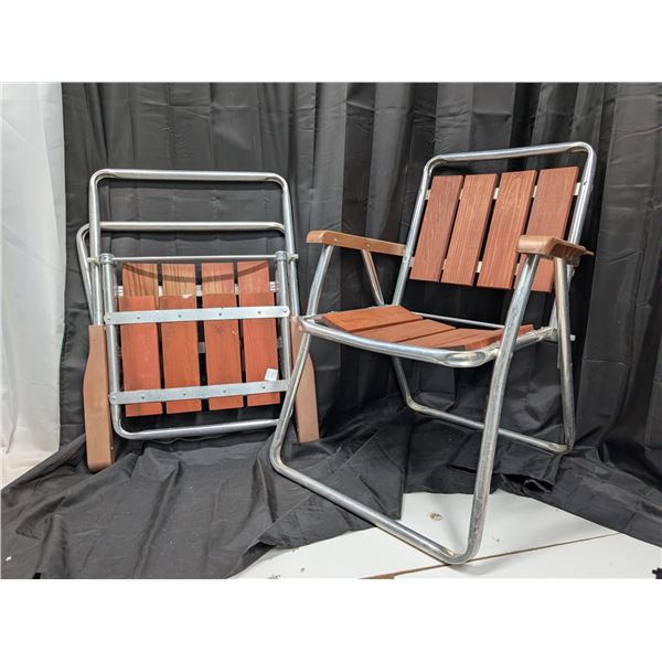 Set of Two Aluminium Wooden Lawn Chairs.