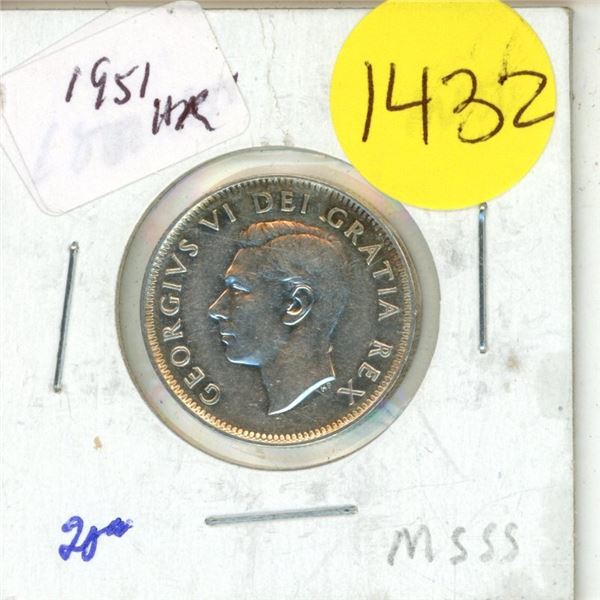 1951 Canadian 25 cent HR Coin. AV-50