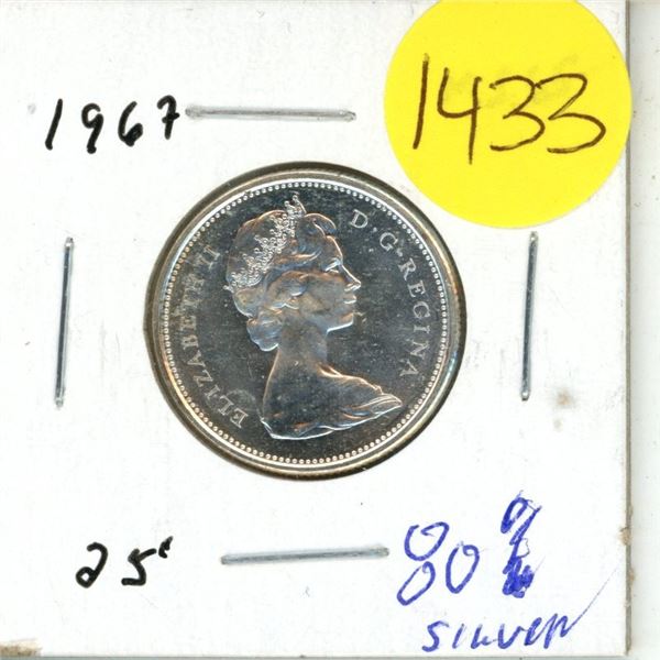 1967 Canadian 25 cent Coin. 80% Silver. MS-65
