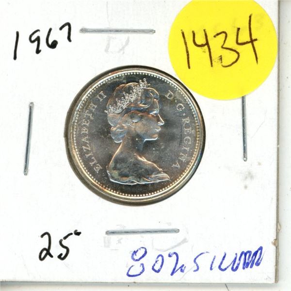 1967 Canadian 25 cent Coin. 80% Silver. MS-63