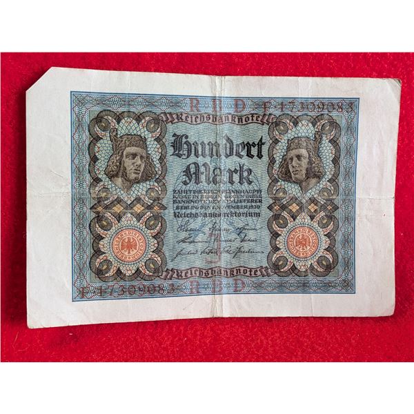 ANTIQUE 1920'S GERMAN 100 Mark CURRENCY