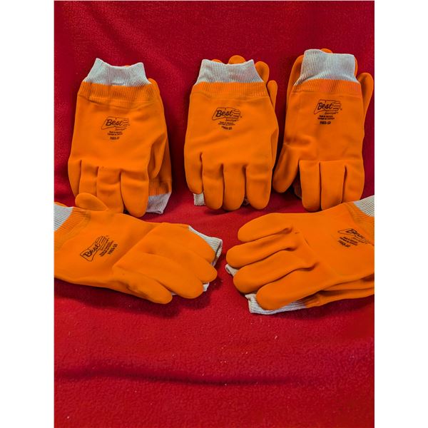 FIVE NEW PAIRS of SHOWA F853-10 Big Orange Gloves, which are PVC-coated work gloves