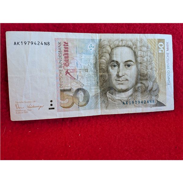 VINTAGE 1989 GERMAN 50 MARK BILL
