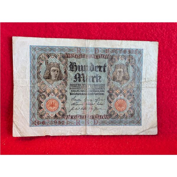 100 GERMAN MARK ANTIQUE 1920'S CURRENCY