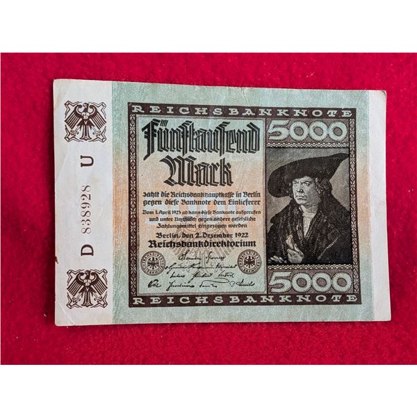 ANTIQUE 5000 Mary 1920'S GERMAN CURRENCY