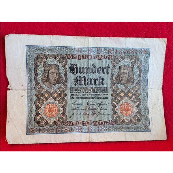 100 GERMAN MARK ANTIQUE 1920'S CURRENCY