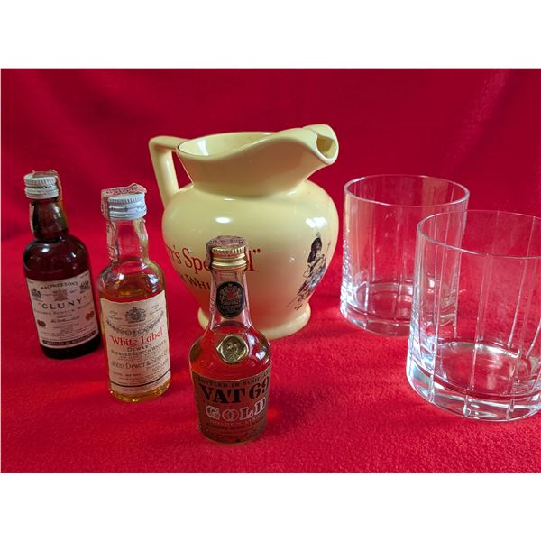 DEWAR'S WATER PITCHER, WHISKEY TUMBLERS & 3 SAMPLERS