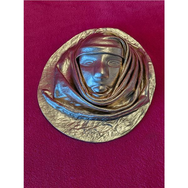 VINTAGE Golden Madonna Mary Religious Leather Wall Plaque