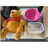 Image 2 : LARGE BOX OF ASSORTED TUPPERWARE AND LARGE WINNIE THE POOH STUFFY