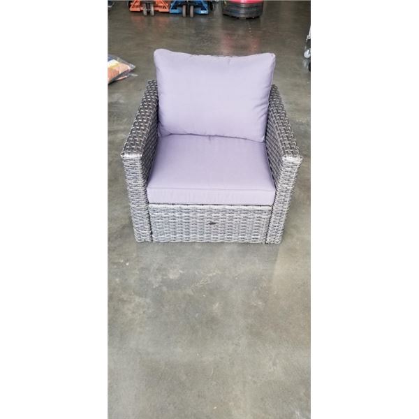 BRAND NEW PATIO FLARE WHITNEY ARM CHAIR, MULTI GREY WITH DARK GREY CUSHION, RETAIL $648, NEW IN BOX