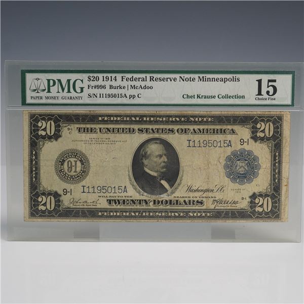 1914 $20 Minneapolis Federal Reserve Banknote PMG Graded Choice Fine 15