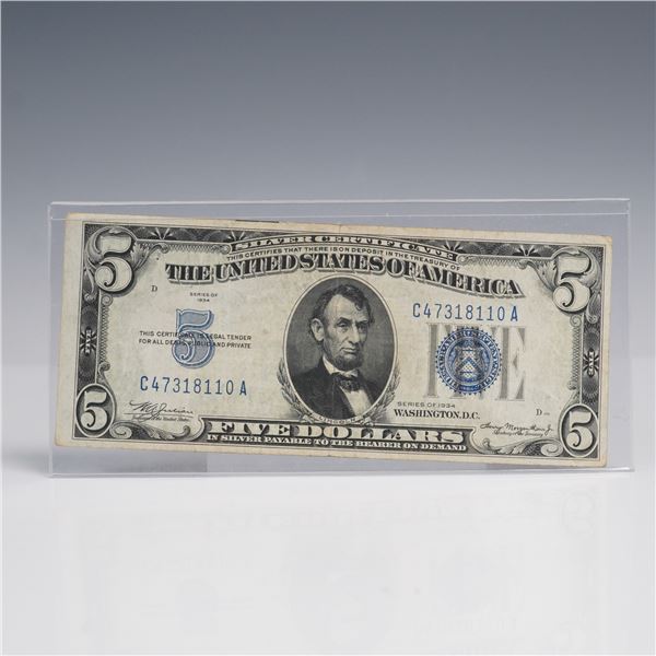 1934 $5 Silver Certificate Lincoln Blue Seal Banknote