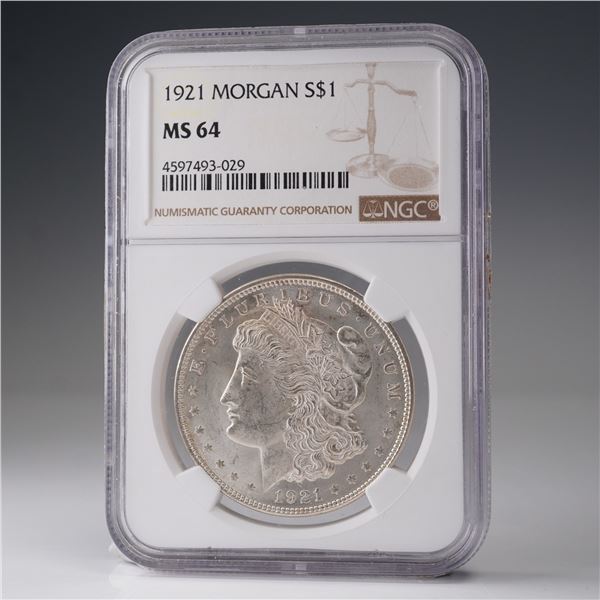 1921 Morgan Dollar Silver Dollar Coin NGC Graded MS 64