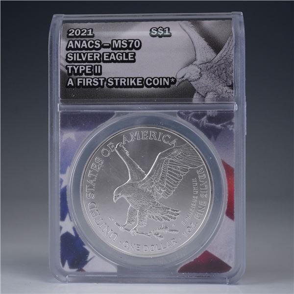 2021-W US 1oz Silver Eagle, ANACS MS70 (T-2) First Strike Burnished