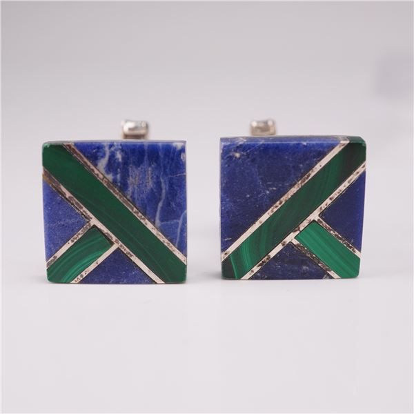 Mexican Sterling Silver Cufflinks with Lapis Lazuli and Malachite Inlay