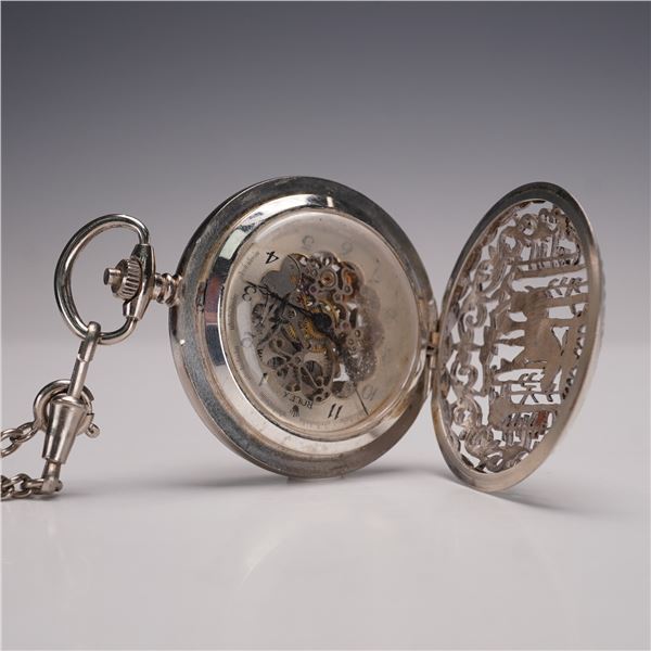 Rolex Geneve Skeleton Pocket Watch with Sterling Silver Moose Motif Case
