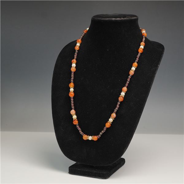 Carnelian, Garnet, and Pearl Beaded Necklace with Gold Tone Accents