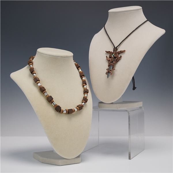 2pc Men's Tribal-Inspired Wood and Fantasy Pendant Necklaces