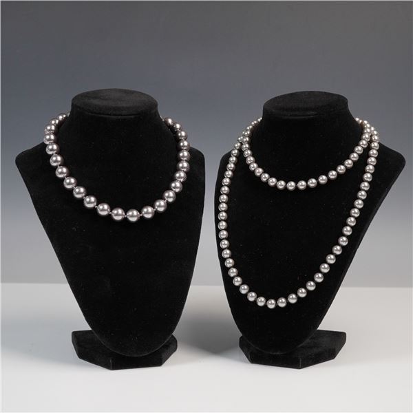 2pc Silver Tone Glass Pearl Bead Necklaces