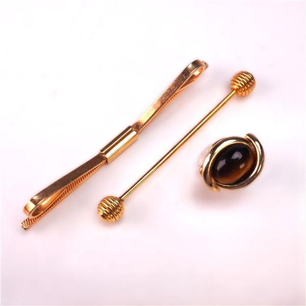 Set of 3 Tie Bars & Tie Pin Walter E Hayward 14K GF, Tiger Eye & Gold Tone