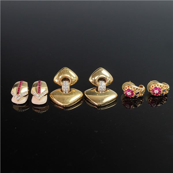 3 Pairs Gold-Tone Earrings with Floral and Geometric Designs