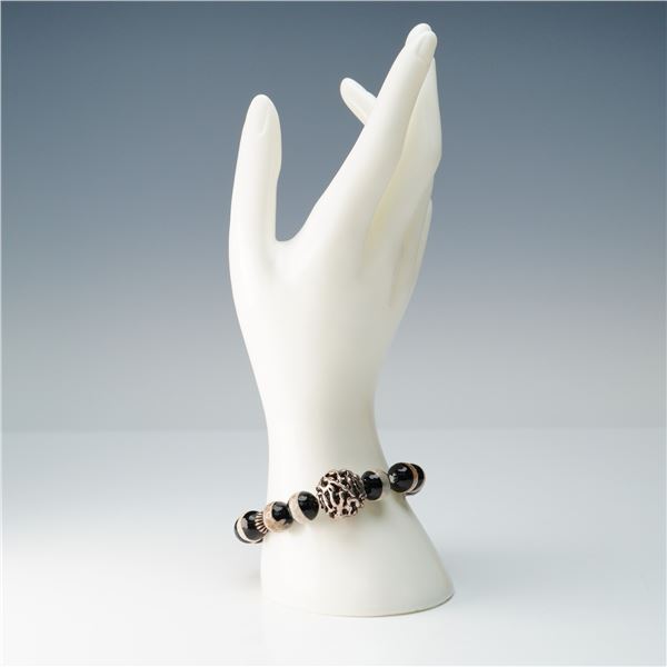 Black And Beige Beaded Stretch Bracelet With Silver-Tone Accents