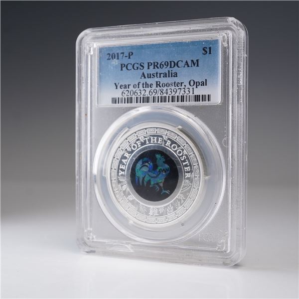 2017 AU$ Year of The Rooster  Silver Proof Opal Coin PCGS Graded PR 69 DCAM