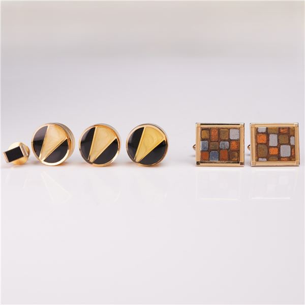 5 pc Set of Swank Cufflinks, Modernist Button Covers & Tie Pin