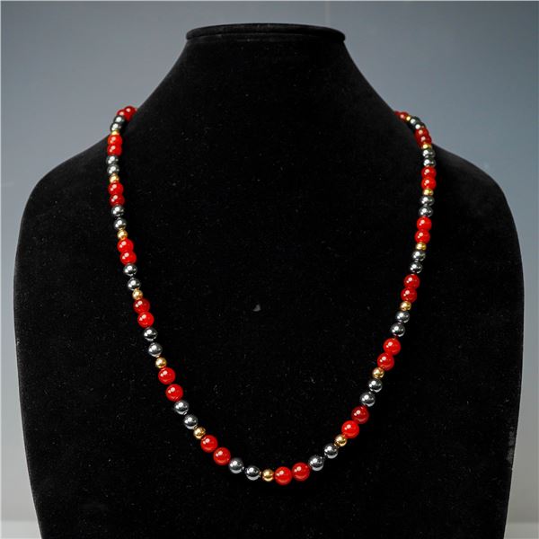 Vintage Carnelian Agate and Hematite and 14K Yellow Gold Beaded Necklace