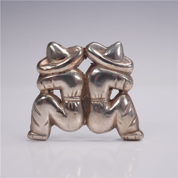 Mexican Silver Figural Brooch of Two Men in Sombreros