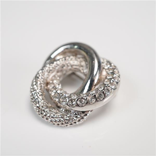 Silver Tone Interlocking Loop Rhinestone Brooch