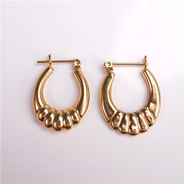Vintage Ribbed Design 14K Yellow Gold Hoop Earrings